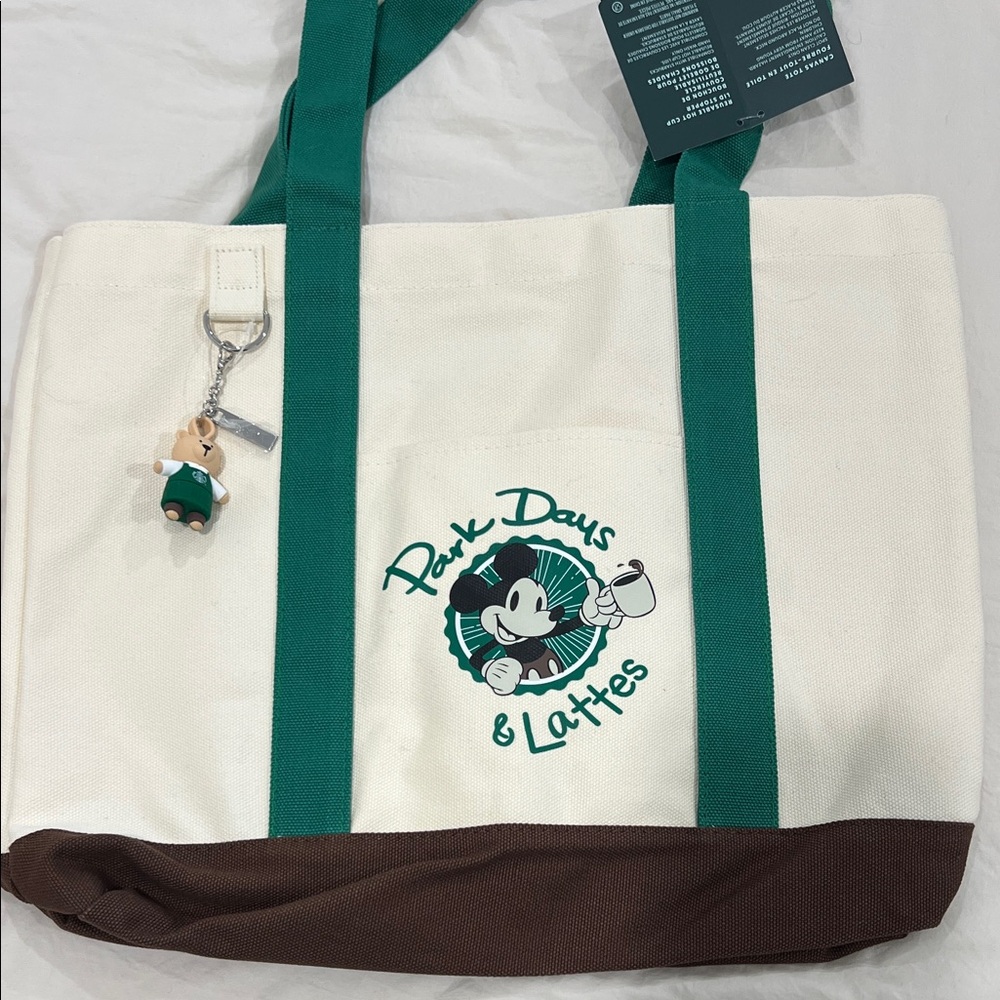 Starbucks/Disneyland Cream Canvas Tote with Green Straps and Brown Base - Picture 2 of 9